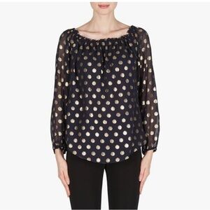 Joseph Ribkoff Midnight Blue Gold Dot Ruffle Collar Long Sleeve Top Style 181608